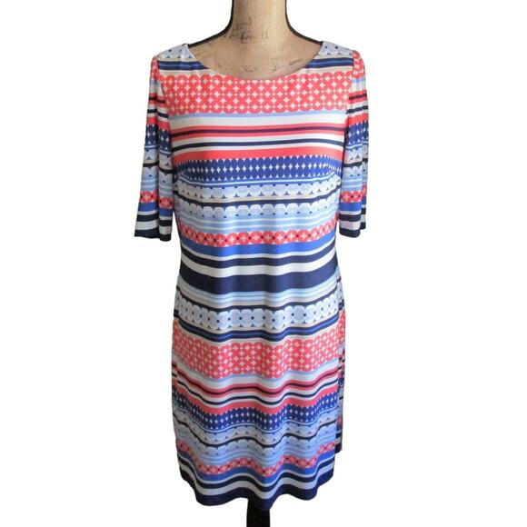 Pink & Blue Mixed Print Midi Shift Dress Size 12 Scoop Neck Back Zip Bohemian - Picture 16 of 16